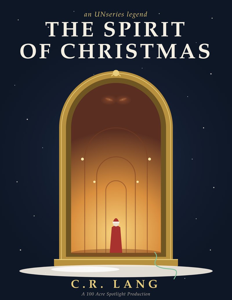 Cover of The Spirit of Christmas: a tall gold-framed arched mirror under a starry night sky, glowing amber inside, where a small figure in a red Santa hat stands at the end of a corridor of arches while two eyes watch from the shadows above.