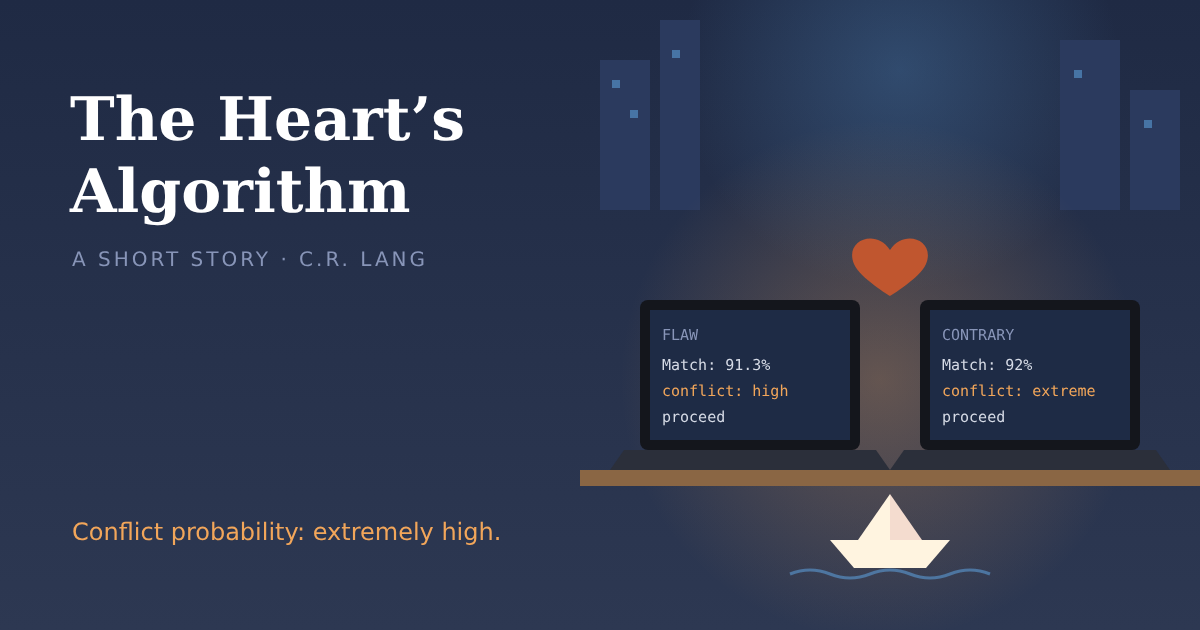 Two laptops facing each other across a table, one reading Flaw, Match 91.3%, the other Contrary, Match 92%, both warning of high conflict, a heart between them and a paper boat below.
