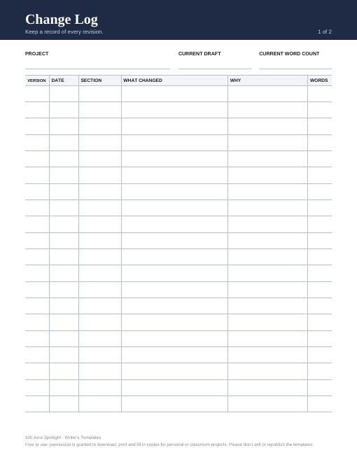 Preview of the first page of the Change Log template