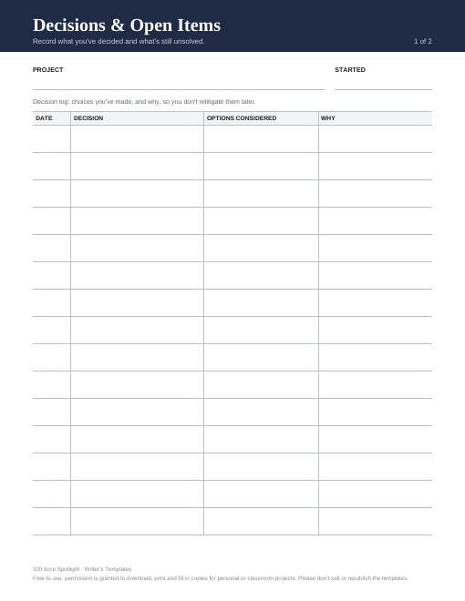 Preview of the first page of the Decisions & Open Items template