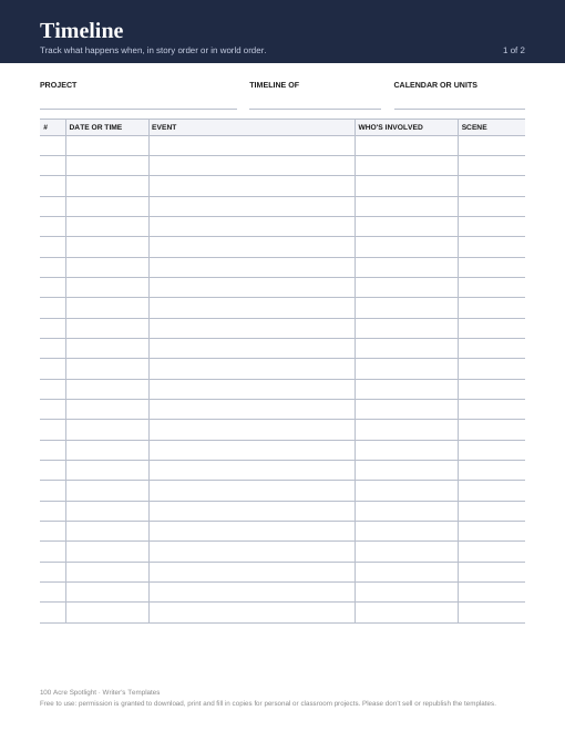 Preview of the first page of the Timeline template